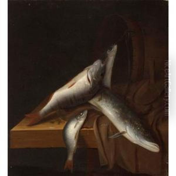 A Still Life With Freshwater Fish On A Wooden Draped Ledge, A Barrel Beyond Oil Painting by Jakob Gillig