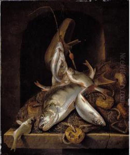 A Still Life Of Freshwater Fish And Fishing Nets, Piled High On A Stone Ledge In A Niche Oil Painting by Jakob Gillig