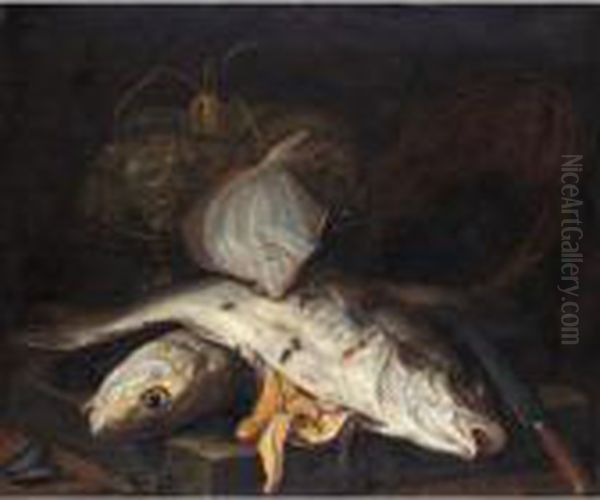 Still Life Of Salt Water Fish On A Stone Floor, With Mussels And Squid In Wicker Baskets Oil Painting by Jakob Gillig