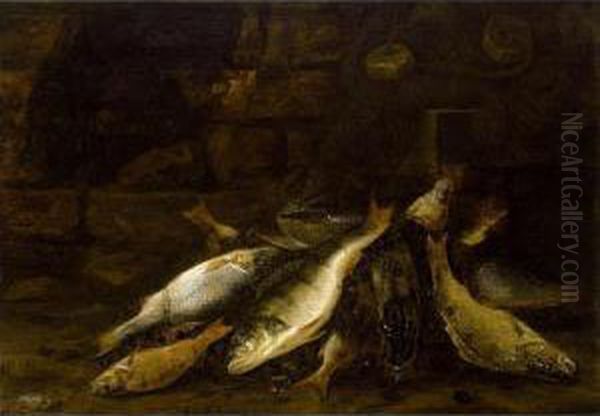 A Pike, Perch And Other Fish On A Bank Oil Painting by Jakob Gillig