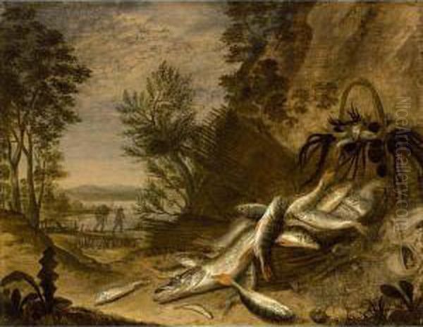 A Pike, A Carp And Other Fish In A Landscape With Baskets And Fishing Nets Oil Painting by Jakob Gillig