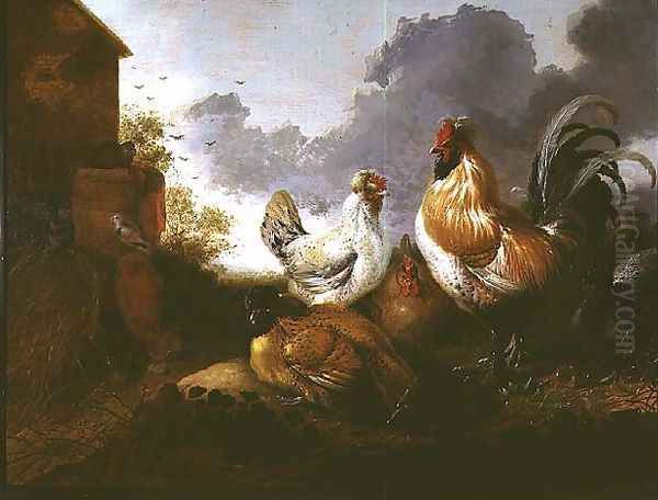 Poultry in a farmyard Oil Painting by Abraham Van Calraet