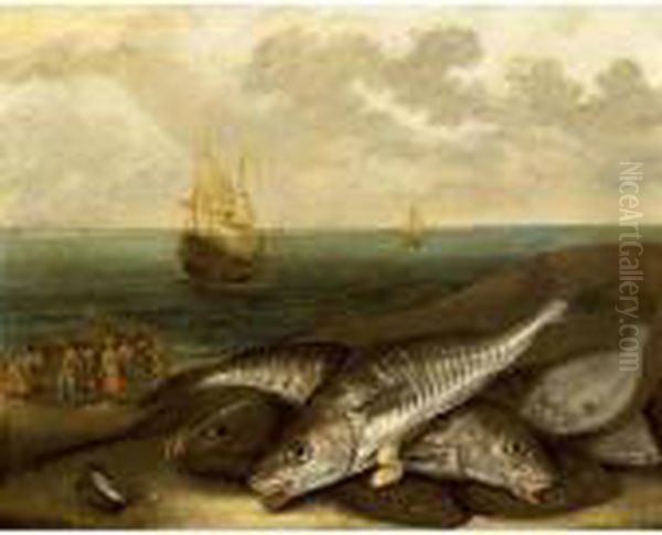 A Still Life With Haddock And 
Plaice On A Beach, Together With Fishmongers Selling Their Catch And 
Sailing Vessels At Sea In The Background Oil Painting by Jakob Gillig