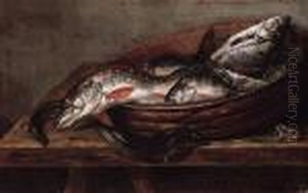 Dead Fish In A Bowl On A Table With A Dead Frog Oil Painting by Jakob Gillig