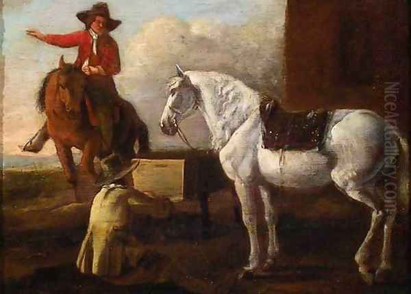 Young Artist Painting a Horse and Rider Oil Painting by Abraham Van Calraet