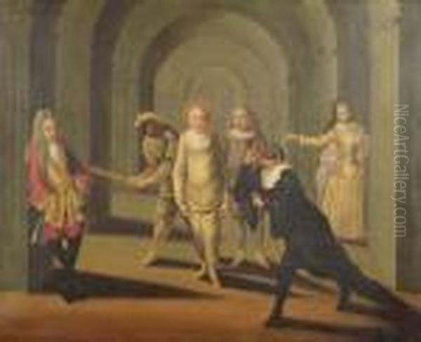 Schauspieler Der Commedia Dell'arte. Oil Painting by Claude Gillot