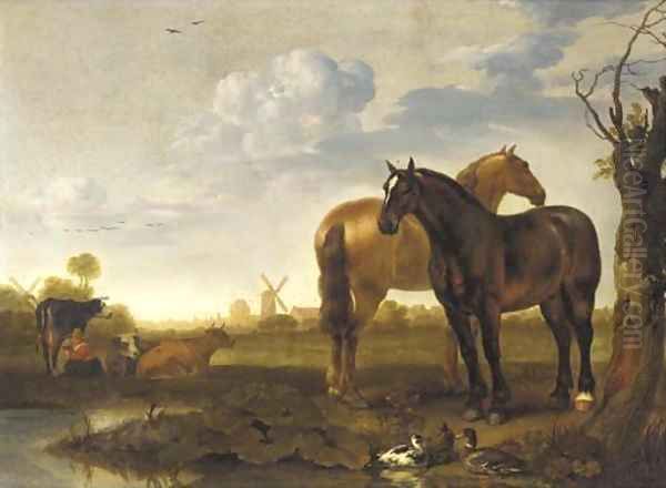 Two horses and a milkmaid with cows in a landscape with a pond, a view of a city beyond Oil Painting by Abraham Van Calraet