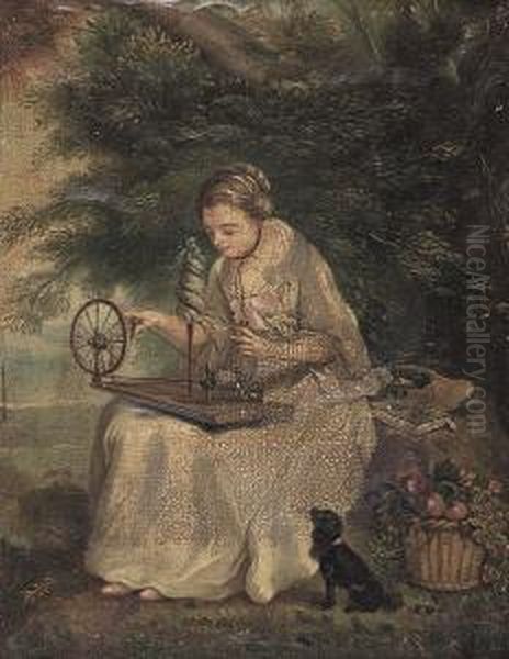 Young Girl Spinning Yarn Oil Painting by Claude Gillot