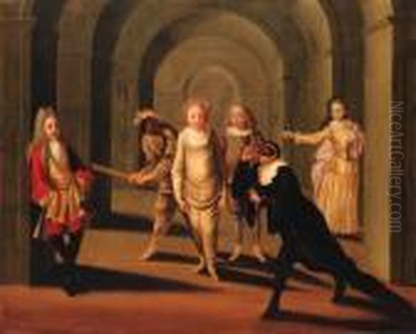 Actors From The Commedia Dell'arte In An Arcade Oil Painting by Claude Gillot