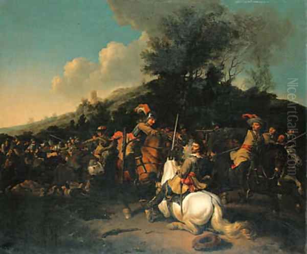 A cavalry skirmish Oil Painting by Abraham Van Calraet