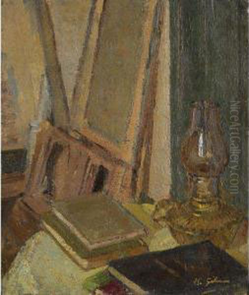 Studio Interior With Oil Lamp Oil Painting by Harold Gilman