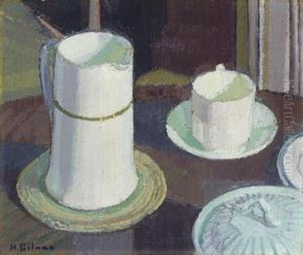 Still Life Of White Cup, Saucer And Jug On A Table Oil Painting by Harold Gilman