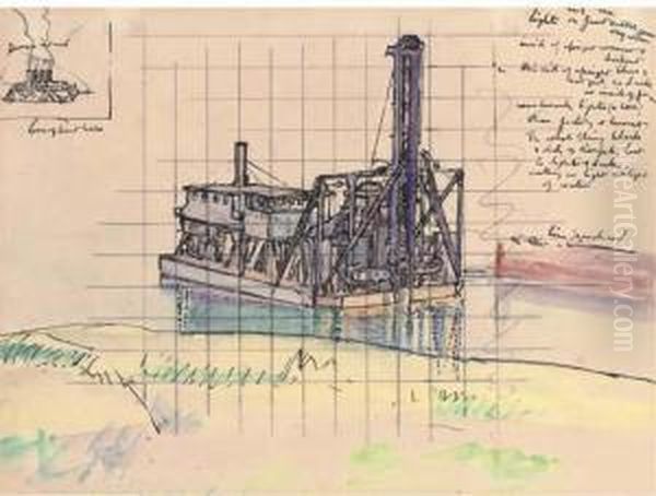 Study For Halifax Harbour, Dredger With Derrick Oil Painting by Harold Gilman