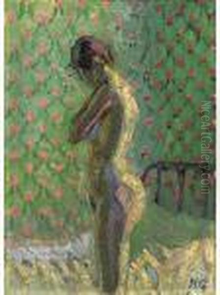 Nude Standing By A Bed Oil Painting by Harold Gilman