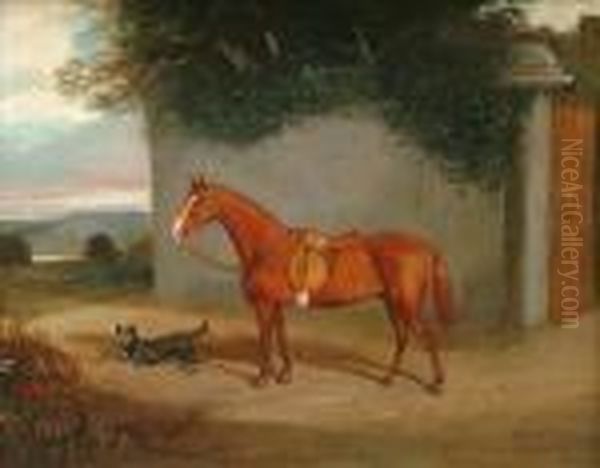 Ahorse And A Dog Outside The Stable Yard Oil Painting by Sawrey Gilpin