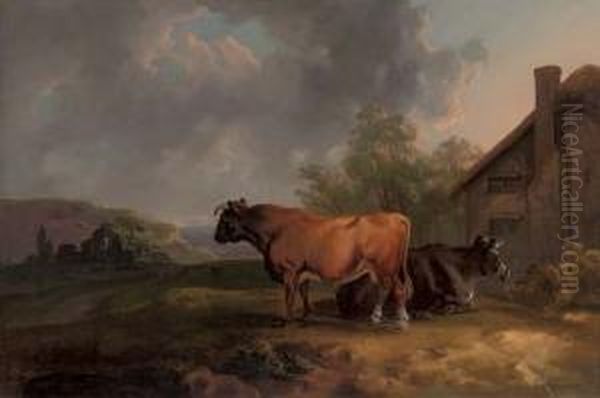 Cattle In A Landscape By A Cottage, With Ruins Beyond Oil Painting by Sawrey Gilpin