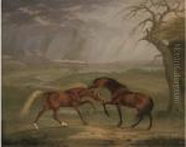 Horses Fighting In A Thunderstorm Oil Painting by Sawrey Gilpin