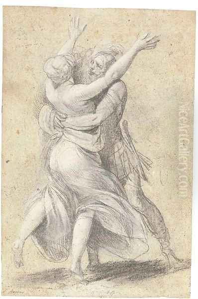 A female figure throwing up her arms, seen from behind, embraced by an advancing warrior for a Rape of the Sabines Oil Painting by Giuseppe Cesari