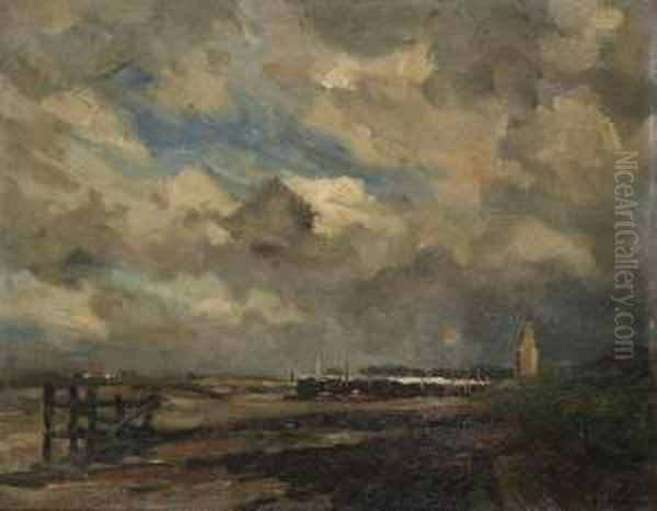 Staketsels Aan De Oever Met Spitse Kerktoren Oil Painting by Victor Gilsoul