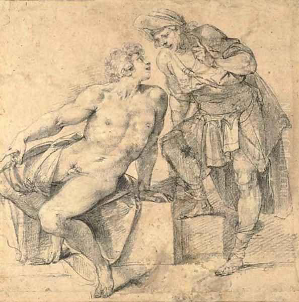 A seated nude youth turning addressed by a soldier Oil Painting by Giuseppe Cesari