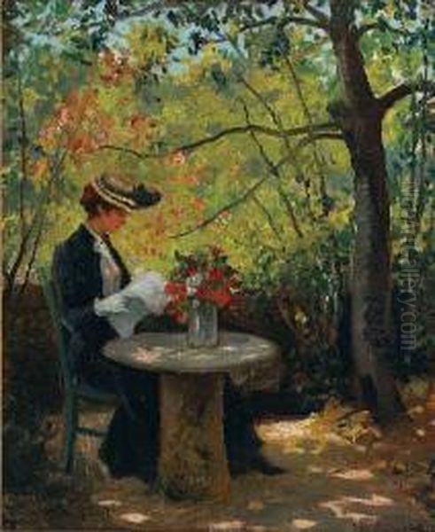 Woman Reading In A Sunlit Garden Oil Painting by Victor Gilsoul