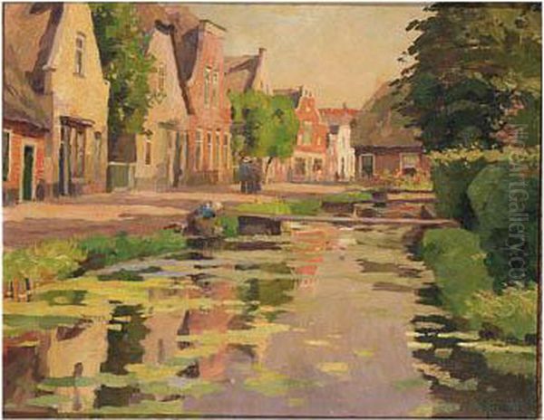 A Sunlit Lane Along A Canal Oil Painting by Victor Gilsoul