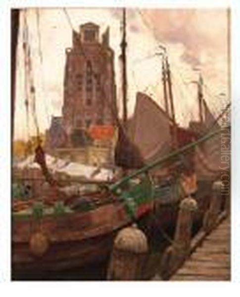 Scows In The Harbour Of Dordrecht Oil Painting by Victor Gilsoul