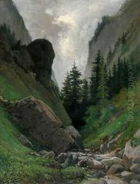 Paisaje De Montana Con Rebecos. Oil Painting by Francisco Arasa