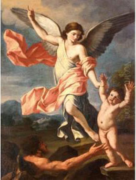 An Angel And A Devil Fighting For The Possesion Of The Soul Of A Child Oil Painting by Giacinto Gimignani