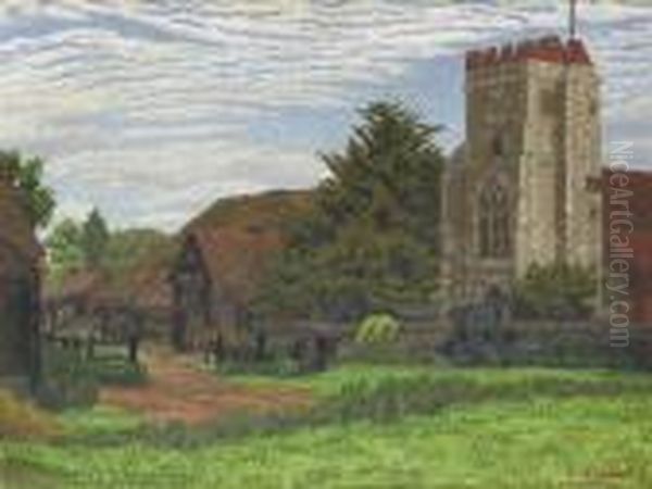 Church And Barn, Waltham St Lawrence Oil Painting by Charles Ginner