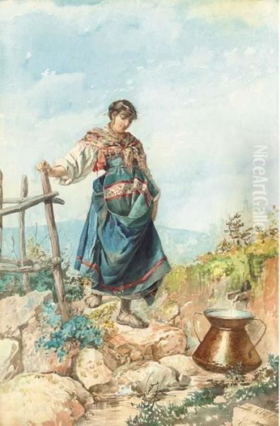 A Ciociarella At The Spring Oil Painting by Belisario Gioja