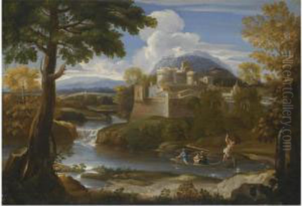 A River Landscape With An Elegant Couple Boating In The Foreground Oil Painting by Giovanni Francesco Grimaldi