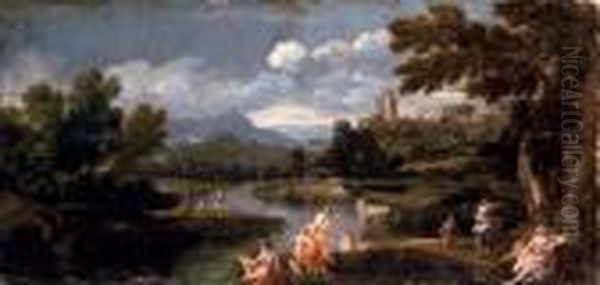 Figures Bathing In An Extensive River Landscape Oil Painting by Giovanni Francesco Grimaldi