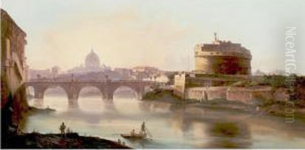 View Of The Tiber With The Castel Sant Angelo Oil Painting by Vincenzo Giovannini