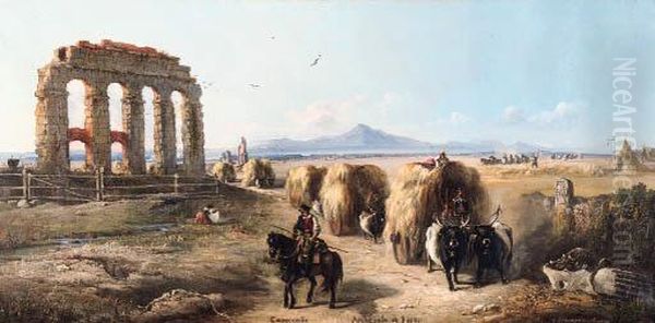 Haycarts In The Roman Campagna Oil Painting by Vincenzo Giovannini