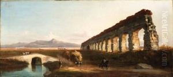 A Roman Aqueduct Oil Painting by Vincenzo Giovannini