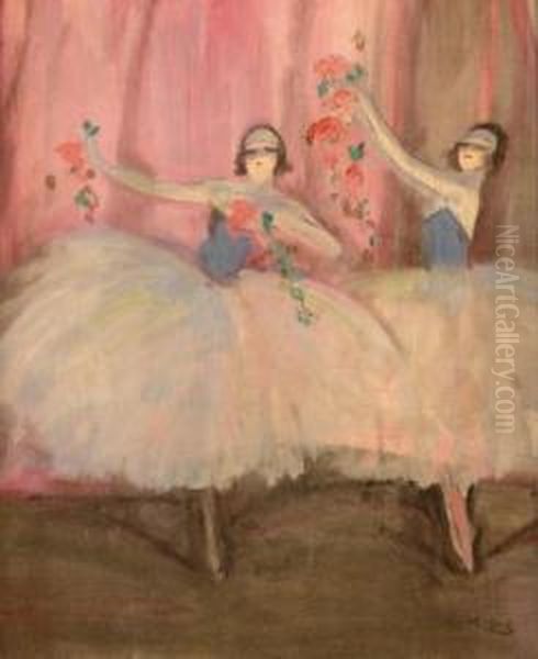 Ballerinas On Stage, Holding Flowerbouquets Oil Painting by Charles F. Girard Gir