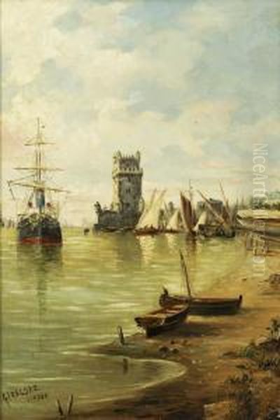 Vista Do Rio Tejo Com A Torre De Belem Oil Painting by Adolfo Giraldez Y Penalver