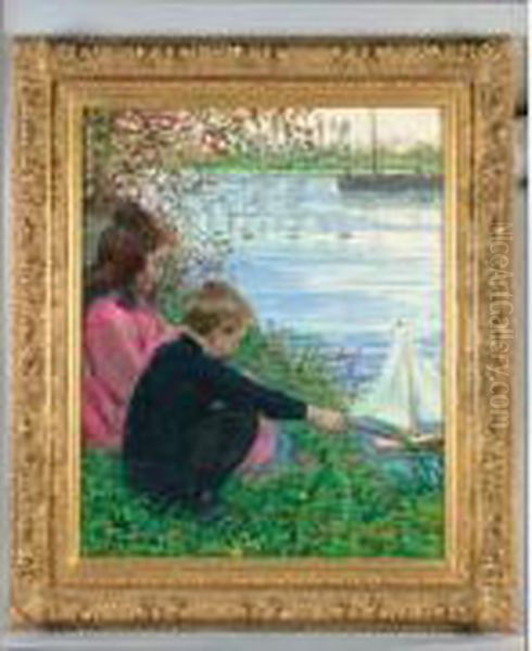 Enfants Au Bord De La Riviere Oil Painting by Leon Giran-Max