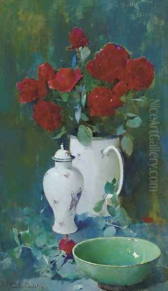 Still Life, Roses and Oriental Vases Oil Painting by Emil Carlsen