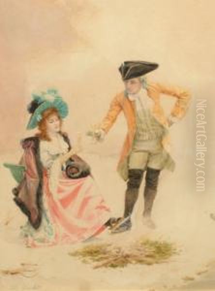 Skating Couple, Warming By A Fire And Taking A Drink Oil Painting by Jules Girardet