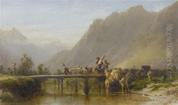 Flock Of Sheep On A Bridge. Oil Painting by Karl Girardet