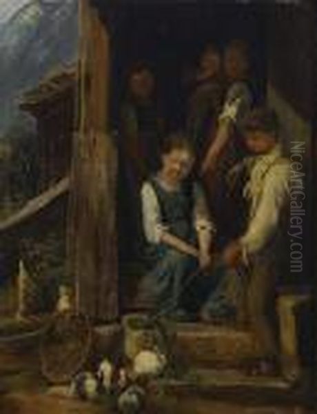 Kinder Beim Futtern Von Hasen Oil Painting by Karl Girardet