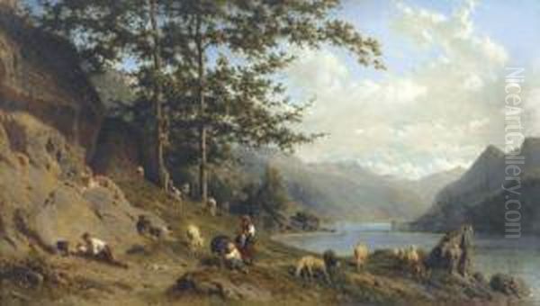 Ziegenhirten Am Sommerlichen Flussufer Oil Painting by Karl Girardet