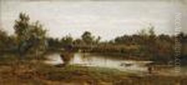 Troupeau Au Bord D'une Riviere Oil Painting by Karl Girardet