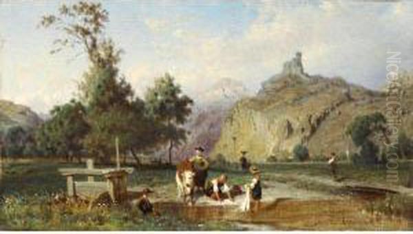 Lavandieres Au Bord D'une Riviere Oil Painting by Karl Girardet