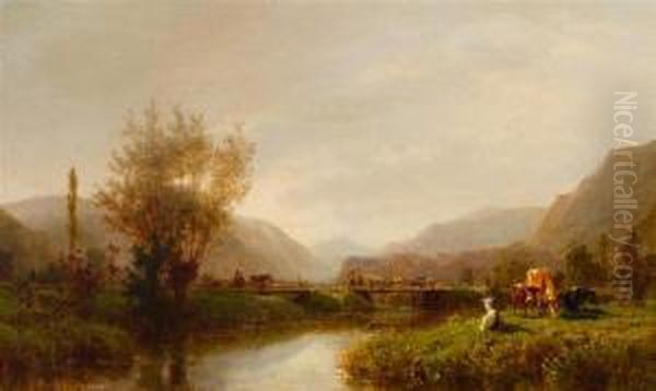 River Landscape With Cows And Goats Oil Painting by Karl Girardet