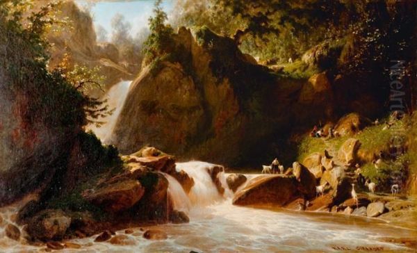 Mountain Landscape With Rushing Mountain Stream, Herdsmen And Goats Oil Painting by Karl Girardet