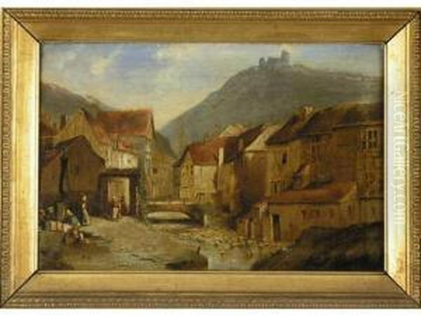 Riviere Traversant Un Village Suisse Anime En Montagne Oil Painting by Karl Girardet