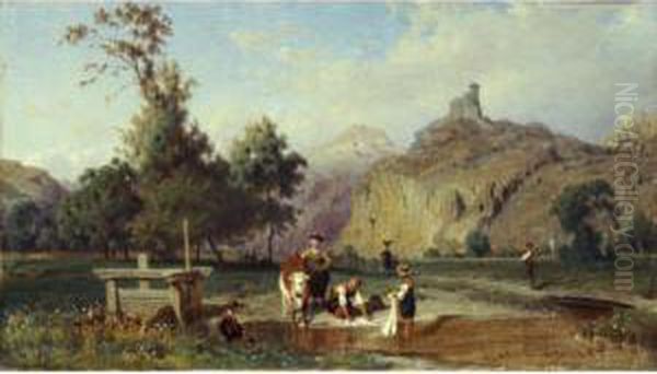 Lavandieres Au Bord D'une Riviere Oil Painting by Karl Girardet